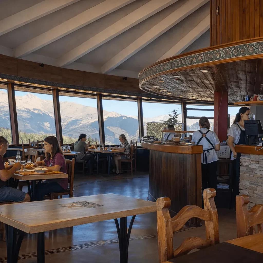 Interior de la confiteria giratoria con gente disfrutando de comidas