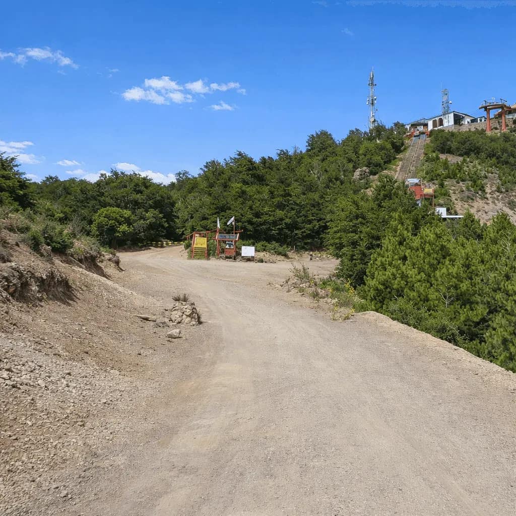 Camino de ripio en la cumbre del Cerro Otto con vista al complejo del Teleférico, rodeado de bosque y bajo cielo despejado.